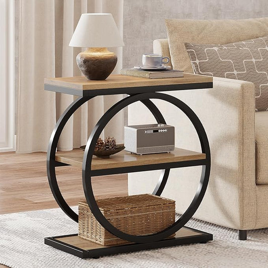 Tribesigns Side End Table with 3 Storage Shelves, Industrial Sofa Table with Round Metal Frame for Living Room, Engineered Wood Nightstand for Bedroom, Oak
