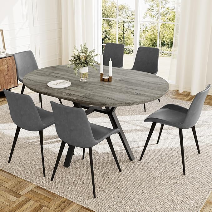 Extendable Round Dining Table Set for 6 People, 43.3"-59.1" Extendable Kitchen Table with 6 Upholstered Chairs, Space Saving for Kitchen Dining Room (Grey Table+6 Grey Chairs)