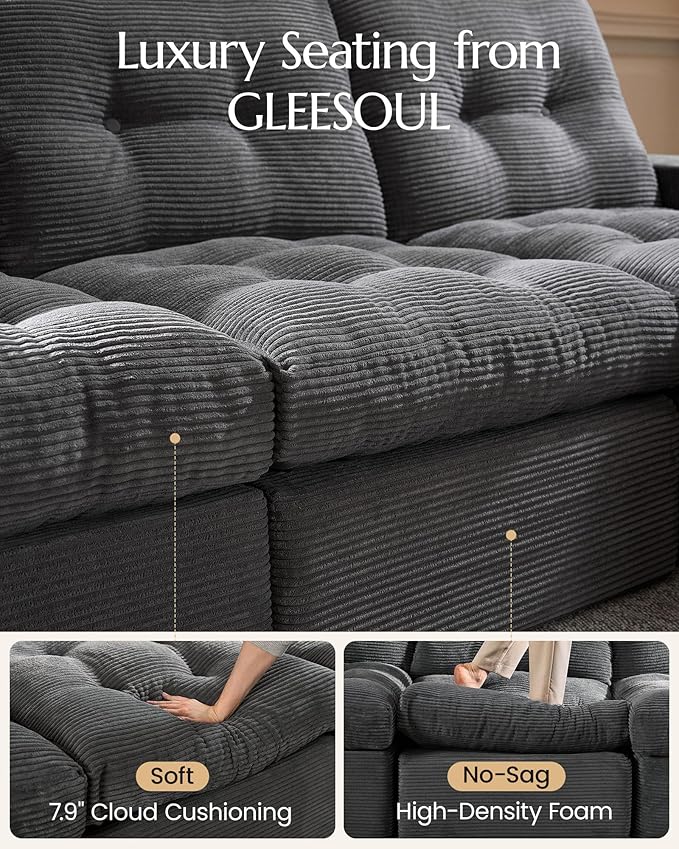 High Back Boneless Couch, Oversized U Shaped Cloud Couch with Versatile 2-Pack Pillow Blankets, Corduroy Modular Sectional Sofa with Ottoman, No Assemble Sectional Couches for Living Room