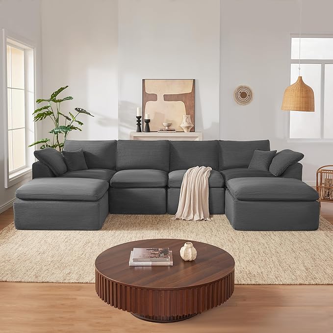 143" Cloud Sectional Couch, Boneless couches for Living Room，U Shaped Couch with Convertible Ottoman, Modular Sectional Sofa with Deep Seat, Comfy Soft Cushions, No Assembly, Gray