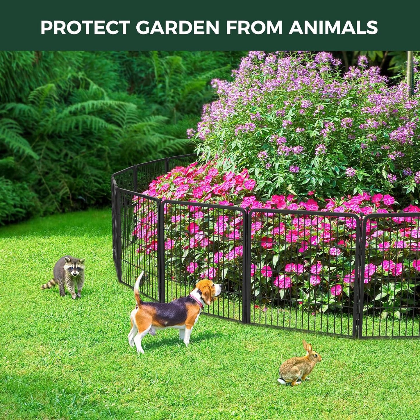 FXW Garden Fence Outdoor for The Yard – 24in(H) x 29.6ft(L) Heavy Duty Metal Animal Barrier for Dog and Rabbit, Decorative Dog Fence, 16 Panels, Black