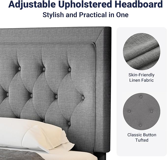 Allewie Queen Size Upholstered Platform Bed Frame with Adjustable Headboard, Button Tufted, Wood Slat Support, Easy Assembly, Light Grey