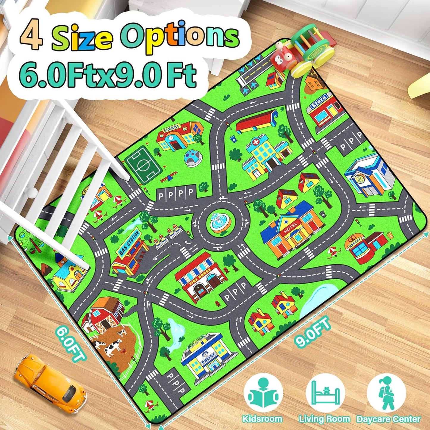 Kids Rug, City Road Rug for Kids,6x9 Ft Car mats for Toy Cars, Realistic Colors Perfect for Children and Baby Play Mat, Non-Slip Classroom Carpet