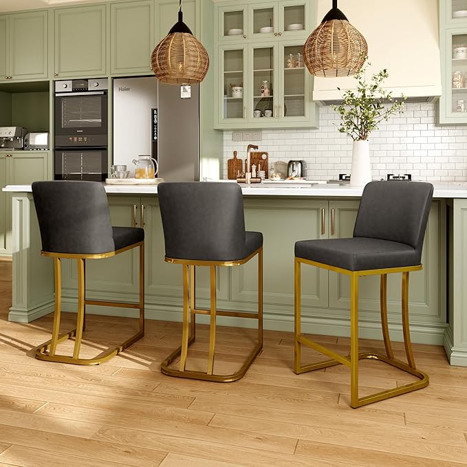 MAISON ARTS Counter Height Bar Stools Set of 3 with Back for Kitchen Counter 24 inch Modern Gold Barstools Upholstered Faux Leather Farmhouse Bar Chairs Island Stools Support 330LBS, Grey+Gold