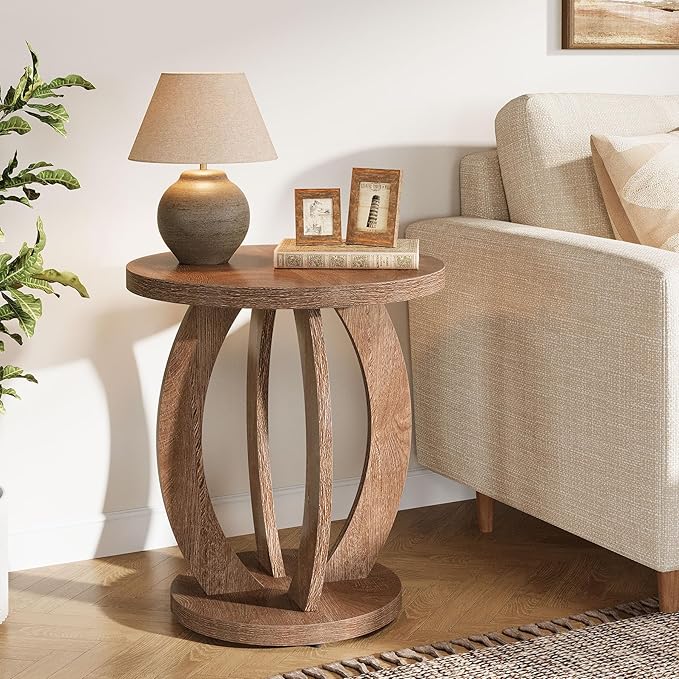 Tribesigns End Table, Round Side Table with Storage, Farmhouse Nightstand Bedside with Round Tabletop, Accent End Table for Living Room Bedroom Small Space, Wooden Accent Furniture, Rustic Brown