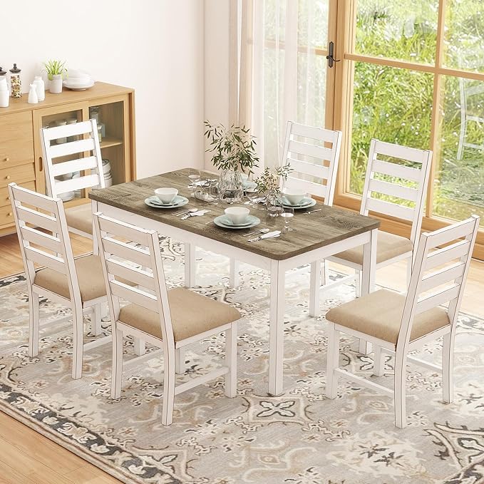 Farmhouse Dining Table Set for 6 Person, 59" Kitchen Table Set with 6 Upholstered Chairs, White Rectangular Dinner Room Table & Chairs Set Rustic Wood Stable (6 Chairs)