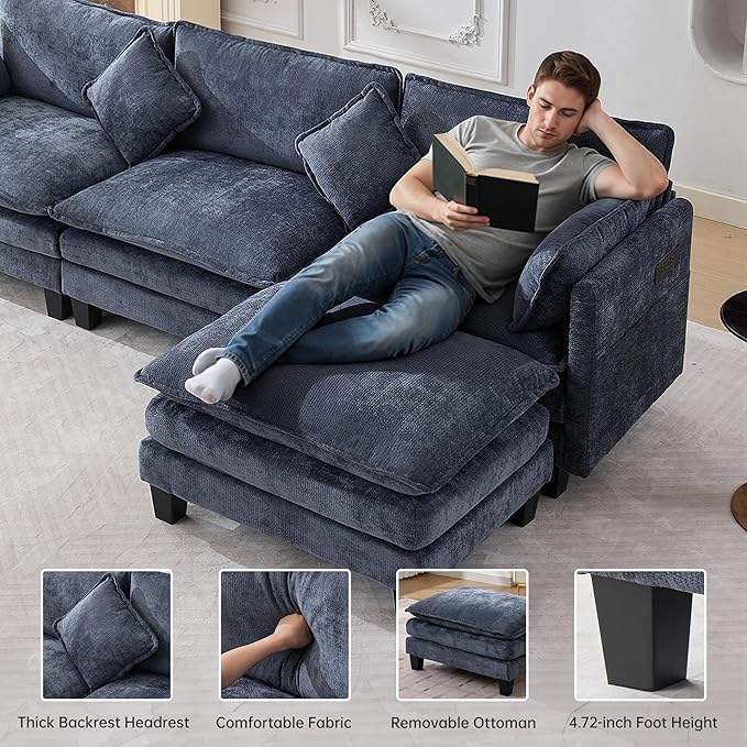 108" Modular Sectional Couches for Living Room with Ottoman, L Shaped Cloud Couch with Charger, USB & Type-c Port, Comfy 4 Seats Sofas with Deep Seat, Chenille Fabric, Blue