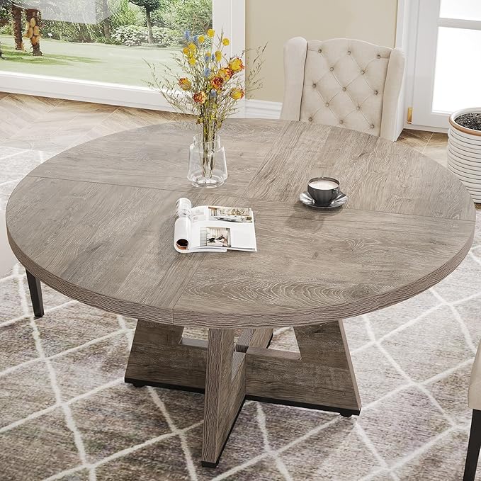 Tribesigns Round Dining Table for 4, 47 inch Farmhouse Circle Kitchen Table with Wooden Pedestal Base for Kitchen, Dining Room, Living Room (Grey)