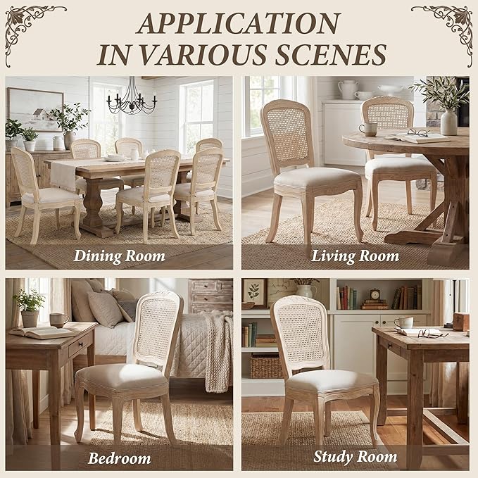 Wicker Dining Chairs Set of 6, Upholstered Linen Fabric Dining Room Chairs with Square High Rattan Back Farmhouse French Kitchen Chairs for Dining Table/Living Room/Restaurant, White