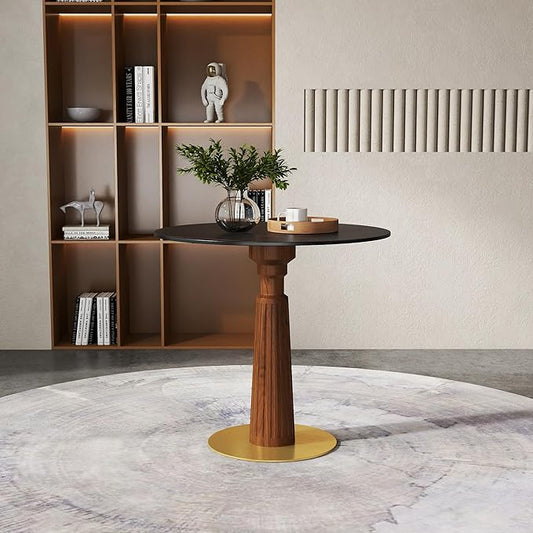 Sintered Stone Office Table - 33.5" Round Table for Small Offices (Light Brown Leg and Black Top, 1 Table Only)