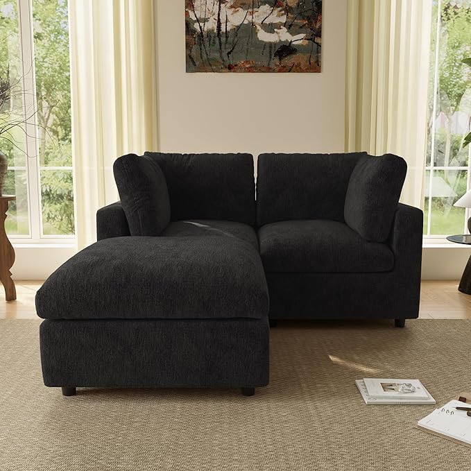 WJShome Sectional Couches for Living Room, 67 Inch Loveseat Sofa with Ottoman, Modern Chenille Fabric & Double Layer Cushions, Modular Couch for Apartment/Bedroom，Black