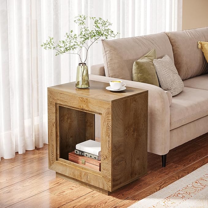 Tribesigns Rustic Wood End Table, 2 Tiered Square Side Table with Storage Shelf, Industrial Sofa Side Table for Living Room, Entrance (1, Natural)