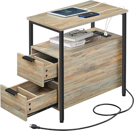 VASAGLE Side End Table with Charging Station, Slim Nightstand with 2 Drawers, Narrow Bedside Table for Living Room, Small Spaces, Turquoise Brown and Ink Black ULET321B60
