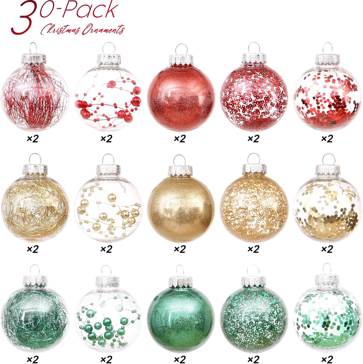 Sea Team 60mm/2.36" Shatterproof Clear Plastic Christmas Tree Ball Ornaments Set, Decorative Hanging Transparent Xmas Baubles with Stuffed Delicate Decorations (30 Counts, Gold, Red, Green)