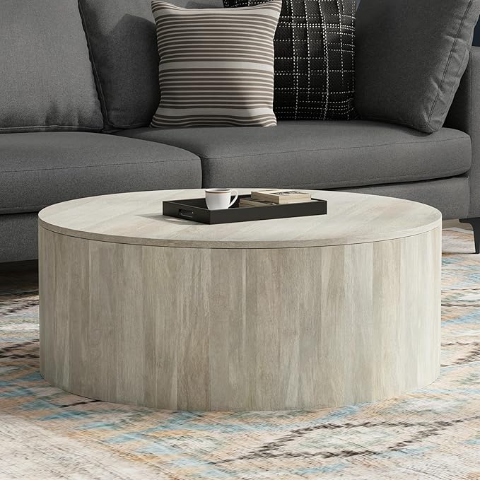 SIMPLIHOME Millbury Drum Coffee Table - 36 inch Wide Solid Mango Wood Round Living Room Table in White Wash, Contemporary Cocktail Table for Family Room or Lounge with Large Surface, Assembled