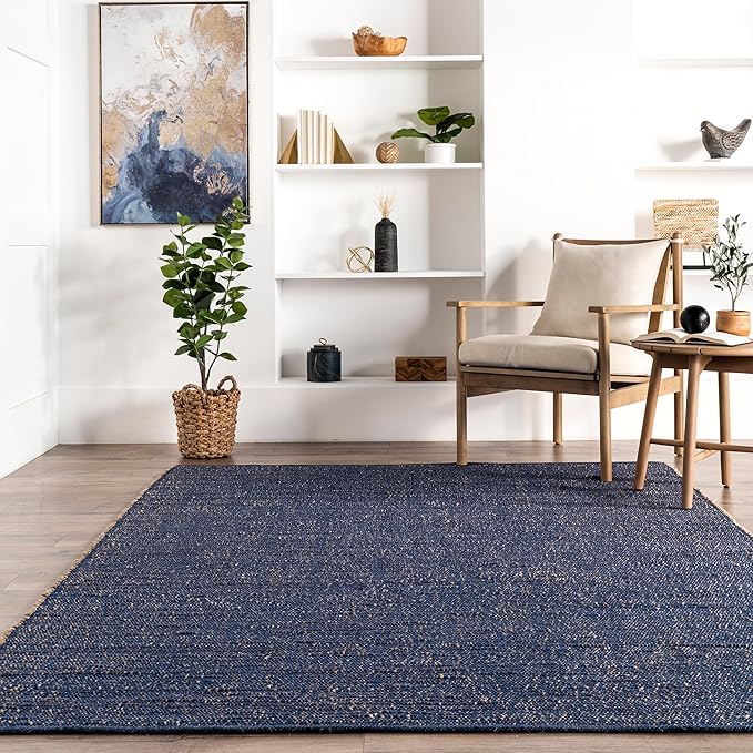 nuLOOM 9x12 Elfriede Jute & Cotton Hand Woven Area Rug, Blue, Solid Rustic Farmhouse Style, Weaved Design, Natural Fiber, For Bedroom, Living Room, Dining Room, Hallway, Office, Entryway