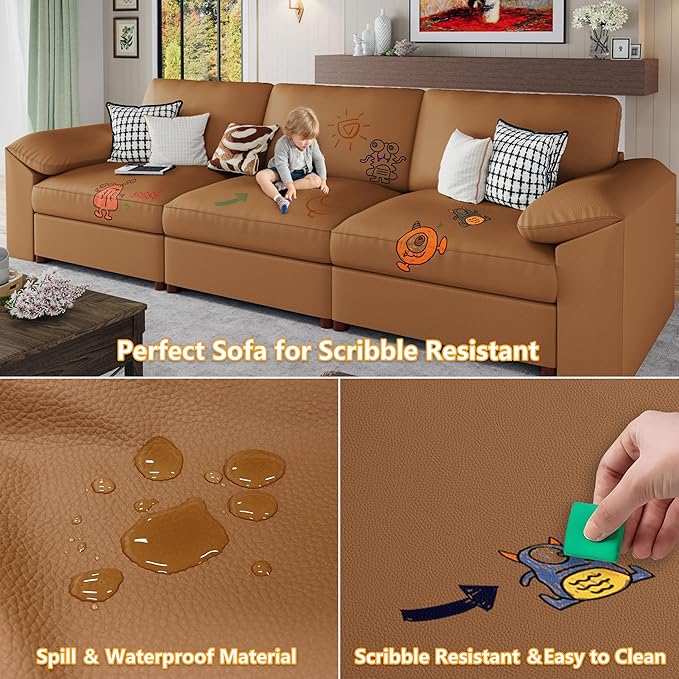 EASE MOOSE Oversized U Shaped Couch,Modular Sectional Convertible Sofa with Wide Deep,Extra Large Faux Leather Scratch Resistant Modern Couch for Big Spaces,Brown