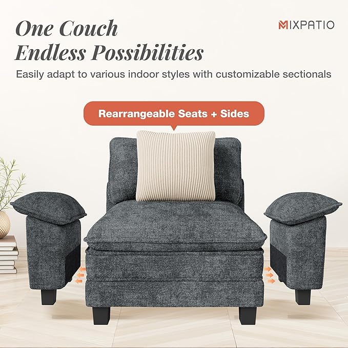 L-Shaped Cloud Modular Sofa Set with Chaise, Deep Seat 3-Piece Sectional & Removable Arms, Plush Chenille for Living Room - Cyan