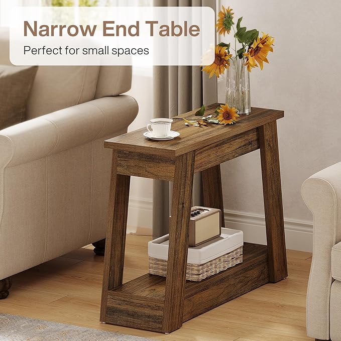Tribesigns Wood End Table, Small Side Table with 2 Storage Shelves, Rustic Accent Narrow Nightstand for Living Room, Bedroom (1)
