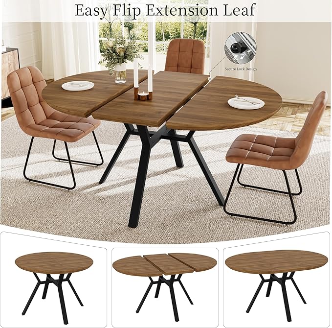 Extendable Round Dining Table Set for 4 People, 43.3"-59.1" Extendable Kitchen Table with 4 Upholstered Chairs, Space Saving for Kitchen Dining Room (Walunt Table+4 U-Shaped Brown Chairs)