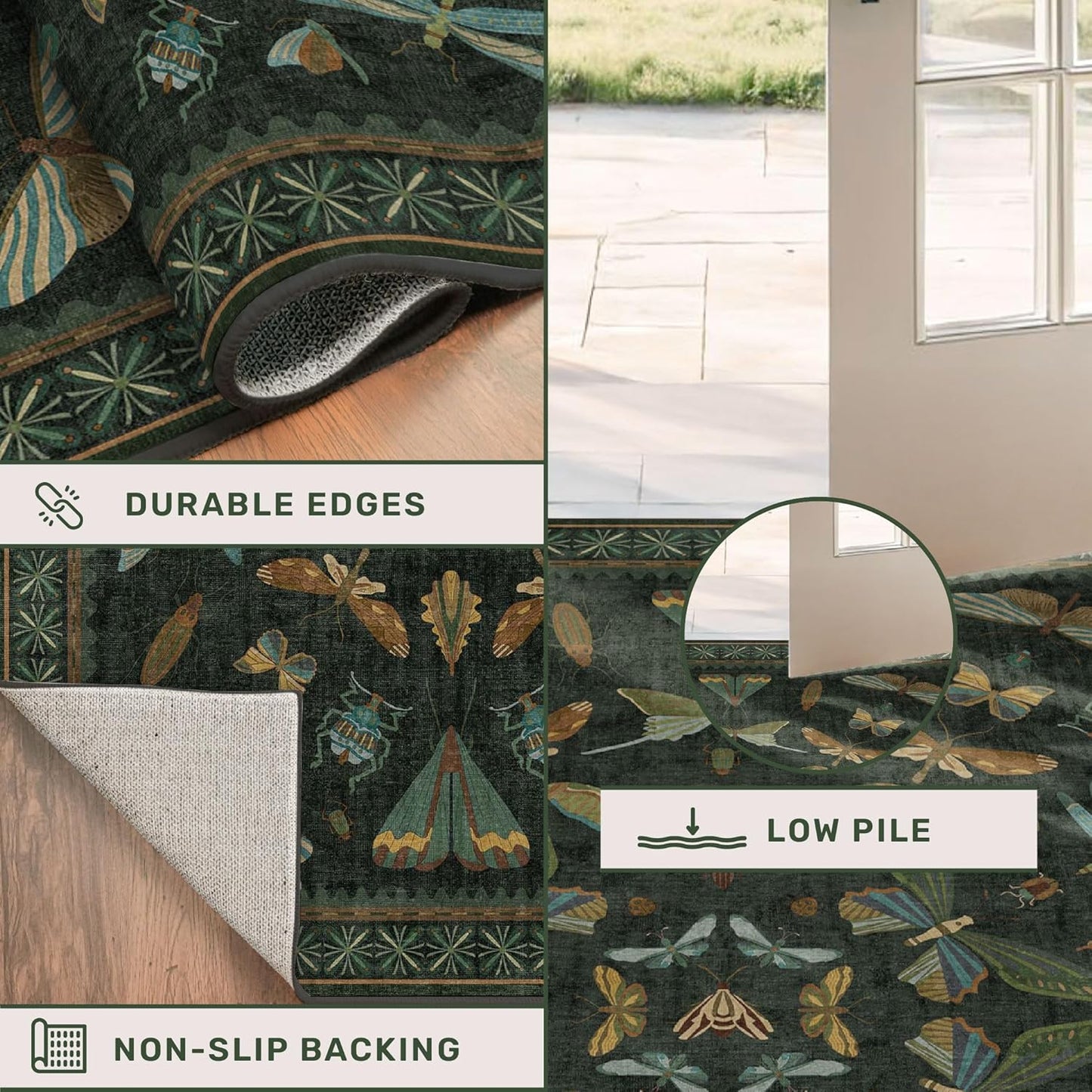 Dark Green 4x6 Washable Area Rug for Living Room, Bedroom, Large Entryway, Kitchen, Ultra Soft Non Slip Stain Resistance, Floral Forest with Brown Aethestic Design