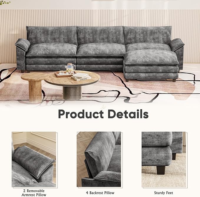 Furniwell Modular Sectional Sofa with Moveable Ottoman, Oversized 3-Seater Couch with Supportive Backrest, Chenille Convertible Sofa Couches for Living Room/Apartment (Grey, L Shaped)