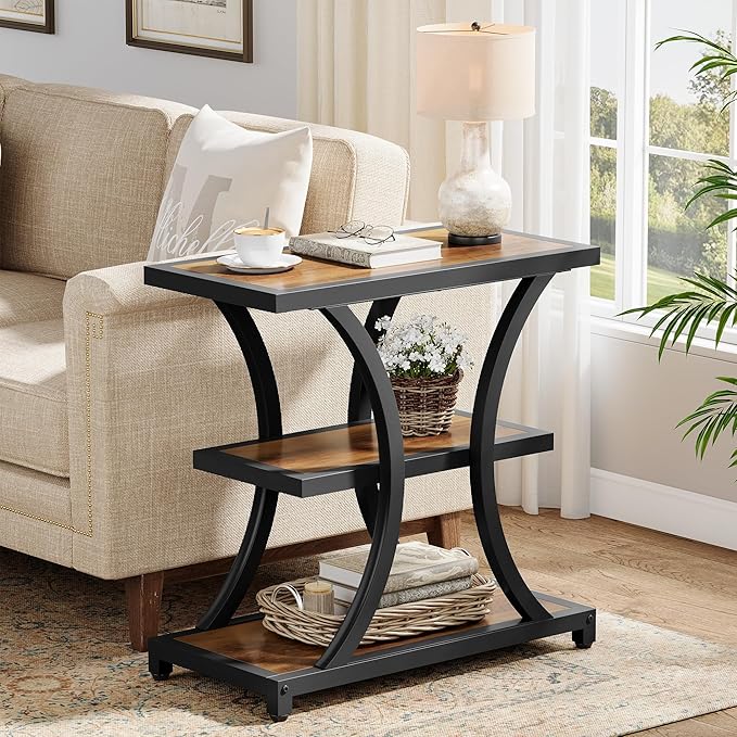Tribesigns End Table with Storage, 3-Tier Side Table with Geometric Metal Design, Industrial Nightstand for Small Spaces, Living Room, Bedroom, Study Room (2, Rustic Brown)