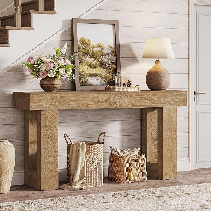 Tribesigns 63" Farmhouse Console Table, Natural Wooden Sofa Table Rectangular Accent Console for Entryway, Hallway & Living Room (Natural)