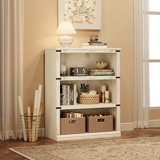 IDEALHOUSE 3 Tier Bookcase, Farmhouse Book Shelf with Storage, Low Book Case Wooden 3 Shelf Bookcase for Home Office, Living Room, Bed Room (White, 40.0" H x 31.5" W x 12.2" D)