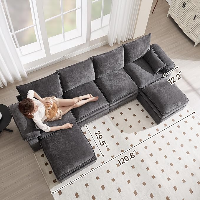 130" U Shaped Modular Sectional Sofa, Couch with Ottoman Storage, Chenille Cloud Couch with Plush Deep Seating for Living Room, Bedroom (9 Seat, Grey)