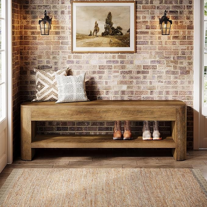 Tribesigns Farmhouse Entryway Bench, 53.5" Wood End of Bed Bench with Shoe Storage, 2-Tier Narrow Indoor Bench for Entryway, Bedroom, Hallway