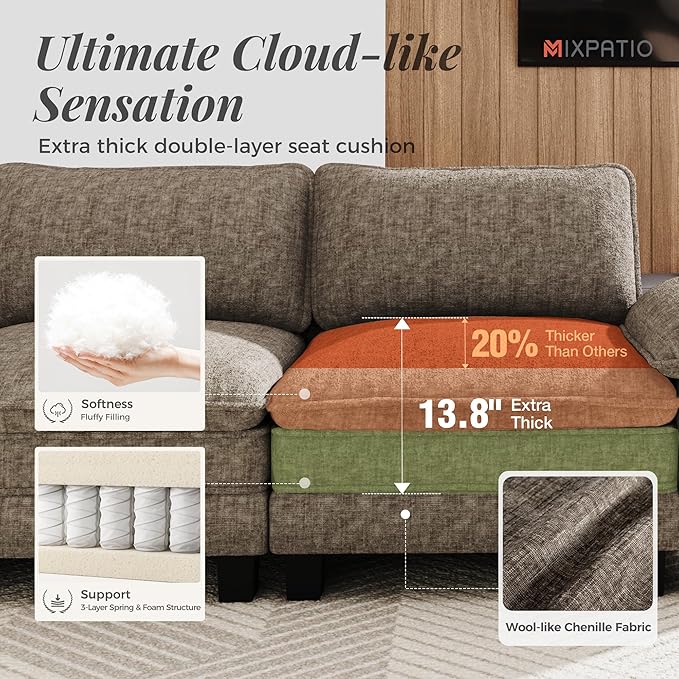 U-Shaped Cloud Modular Sofa Set, Deep Seat 3-Piece 7-Seater Sectional Couch & Removable Arms, Plush Chenille for Living Room - Smoky Gray