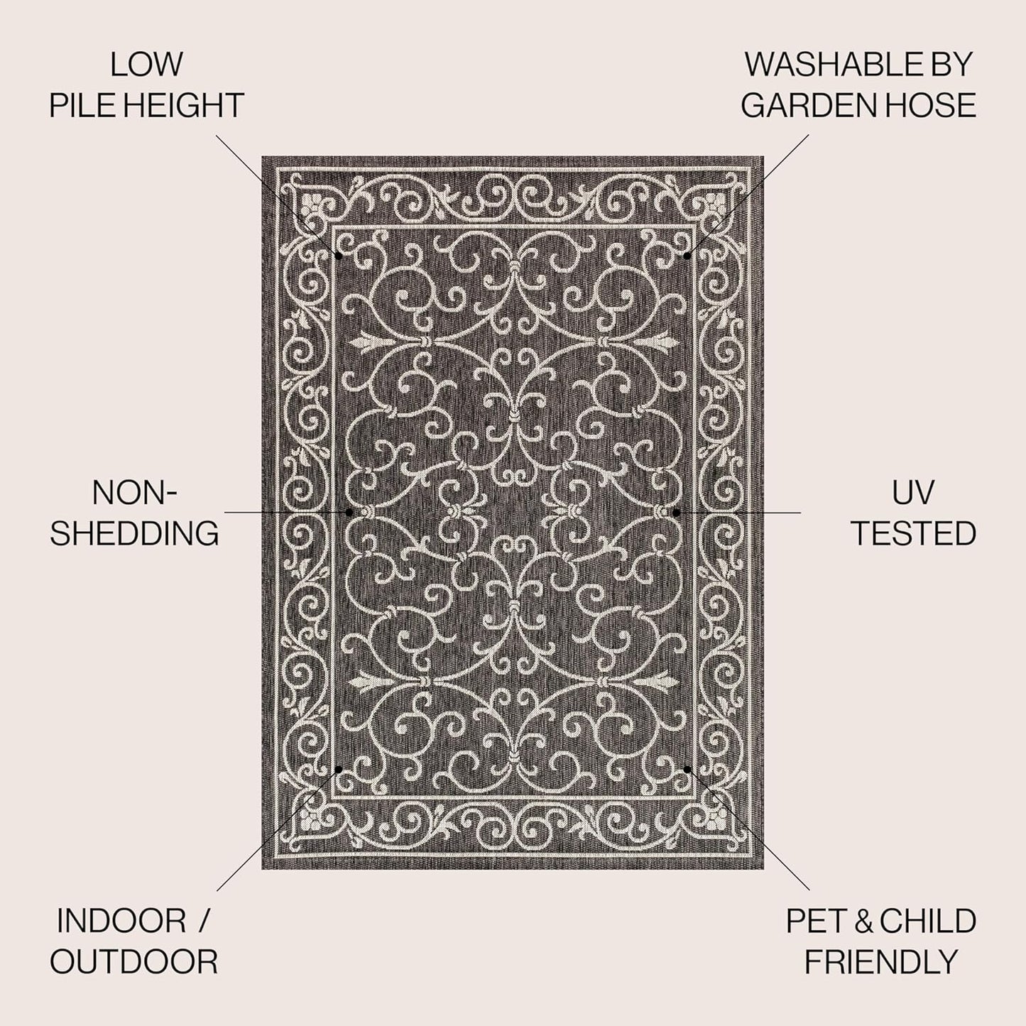 JONATHAN Y Vintage Filigree Indoor Outdoor Square Area Rug 6X6 Black/Gray, Charleston Textured Weave for Backyard, Patio, Porch, Easy-Cleaning, High Traffic, Pet-Friendly, Non-Shedding (SMB106G-6SQ)