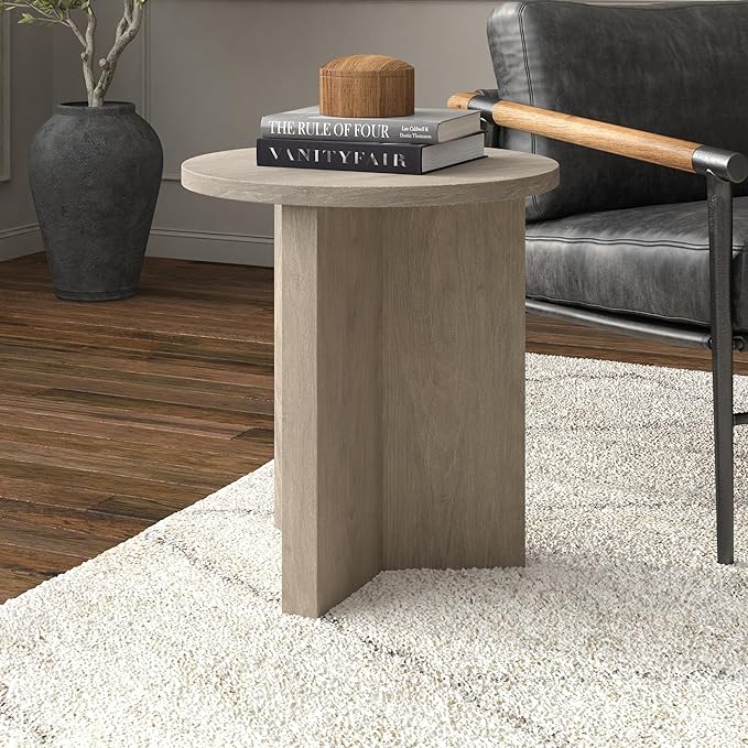 Henn&Hart 20" Wide Round Side Table in Antiqued Gray Oak, for Home, Living Room, Bedroom, Entertainment Room or Office