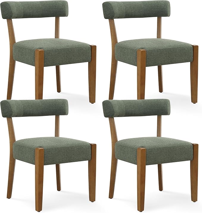 Modern Green Dining Chairs Set of 4, Walnut Upholstered Kitchen & Dining Room Chairs, Mid Century Modern Wooden Dining Chairs Oversized Sturdy Fabric Rounded Chairs Curved Back