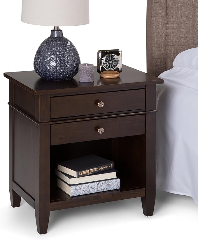 SIMPLIHOME Carlton Bedside Table - 24 inch Wide Solid Wood Nightstand Table in Dark Tobacco Brown, Transitional Bedroom Side or End Table with 2 Drawers, Open Storage Shelf and Bronze Hardware
