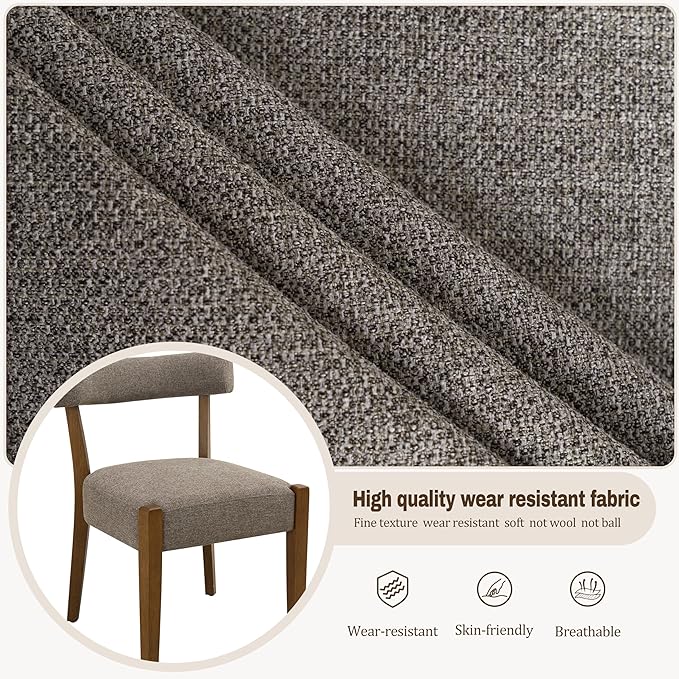 Modern Dining Chairs Set of 6, Walnut Upholstered Kitchen & Dining Room Chairs, Mid Century Wooden Dining Chairs Oversized Sturdy Fabric Rounded Chairs Curved Back, Tan Brown