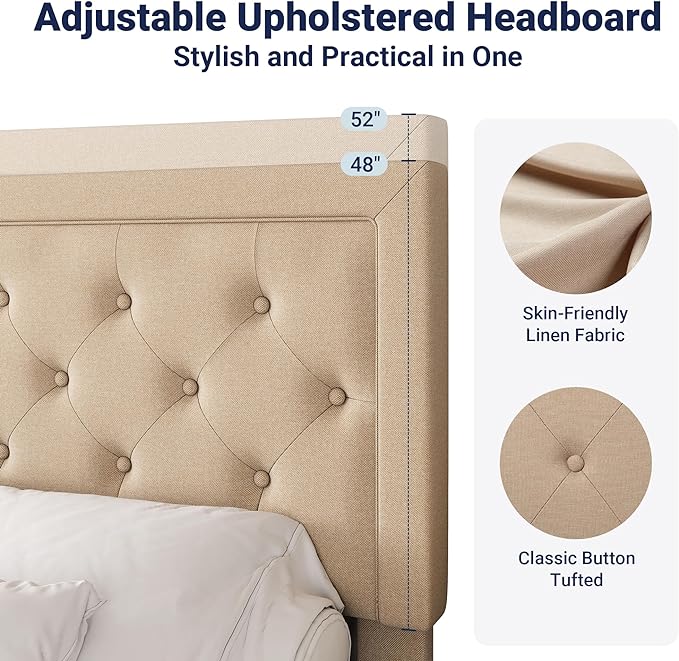 Allewie Full Size Button Tufted/Fabric Upholstered Bed Frame with Adjustable Headboard/Wood Slat Support/Mattress Foundation/Beige