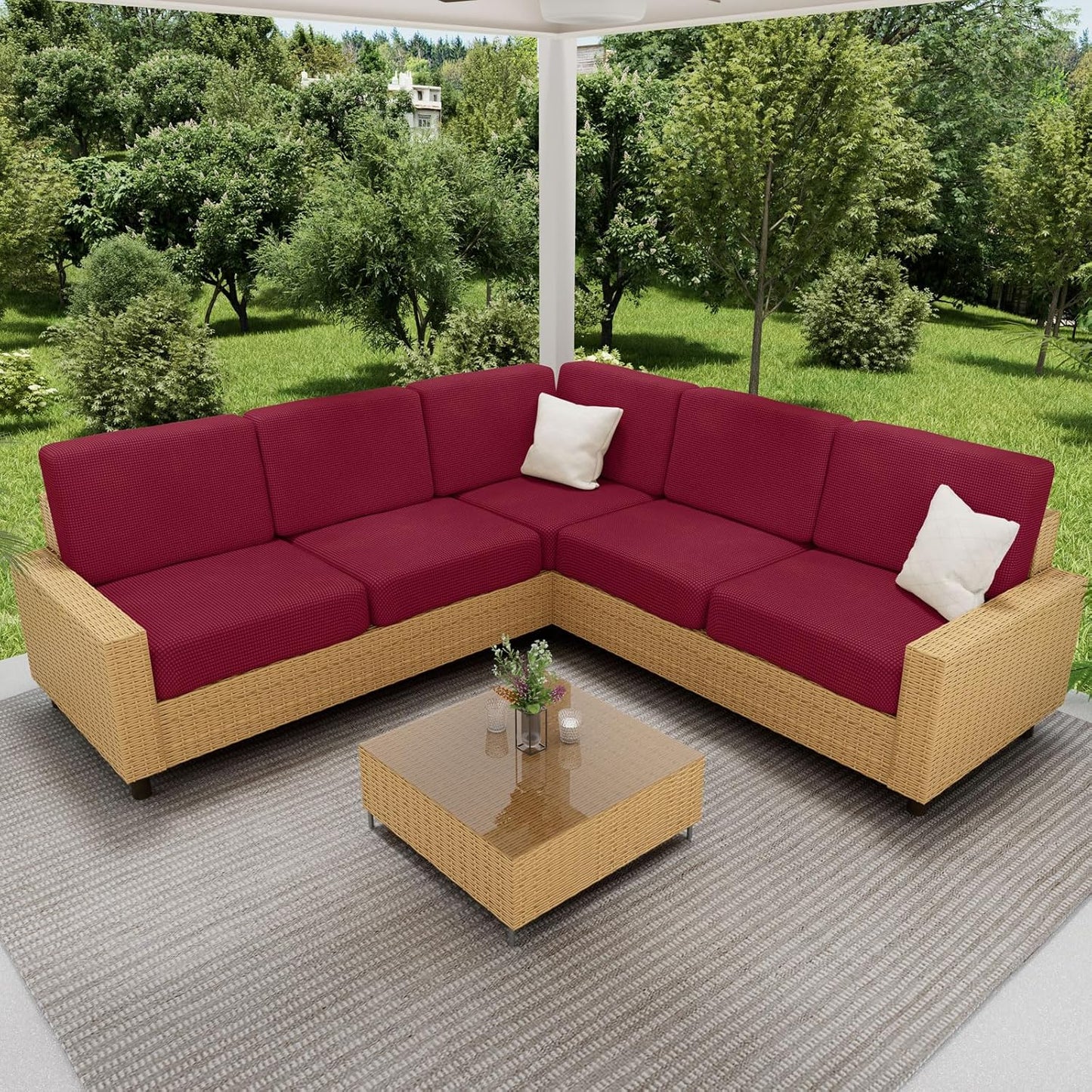 hyha Waterproof Couch Cushion Covers for Pets, Non Slip Sofa Seat Cover for Dogs Washable, Soft Thick Stretch Jacquard Fabric, Sofa Slipcovers with Elastic Bottom (3 Pieces, Wine Red)