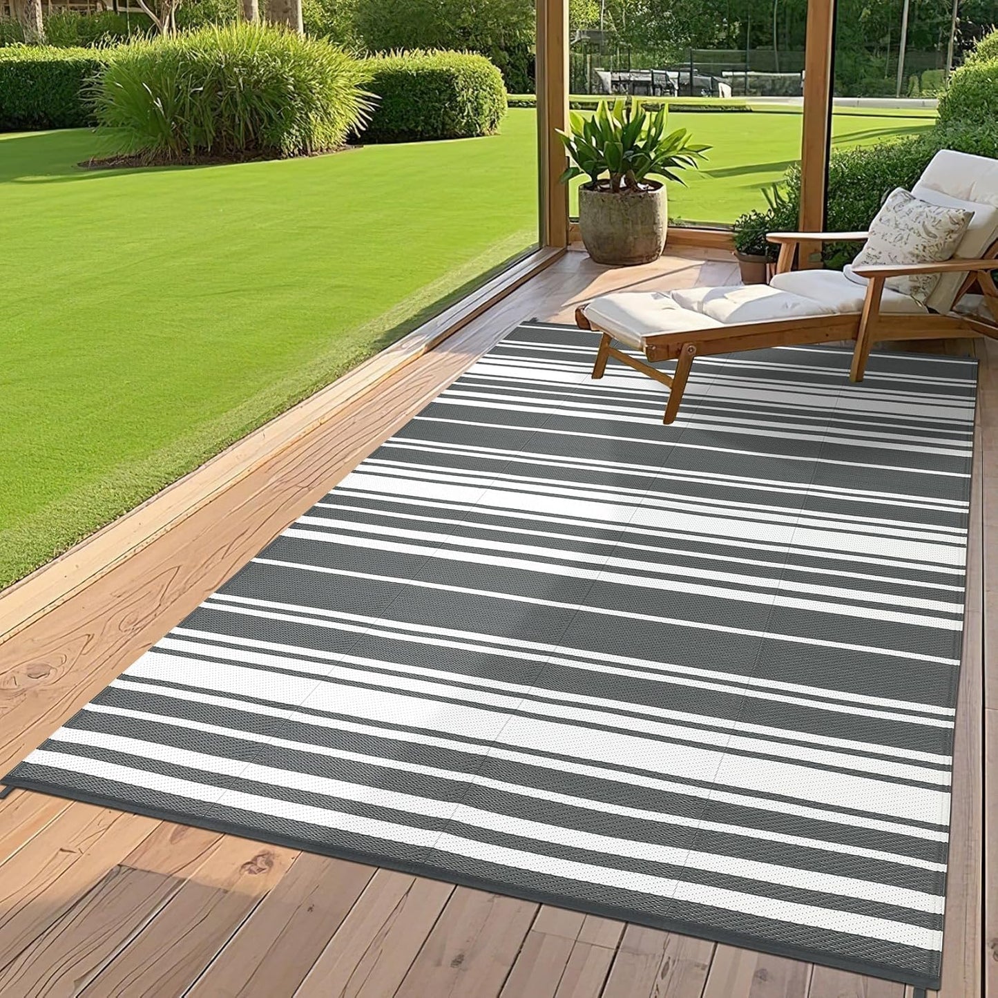 Waterproof Outdoor Rug 8x10 Contemporary Reversible Plastic Straw Rug, Easy Cleaning Striped Patio Carpet, UV-Resistant Indoor Outdoor Floor Cover for RV, Porch, Deck, Backyard, Grey