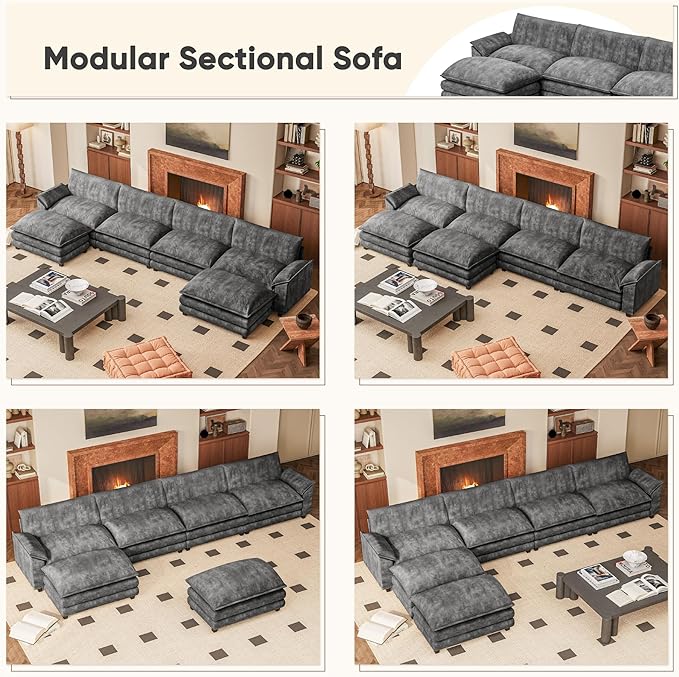 Furniwell Modular Sectional Sofa with Moveable Ottoman, Oversized 3-Seater Couch with Supportive Backrest, Chenille Convertible Sofa Couches for Living Room/Apartment (Grey, U Shaped)
