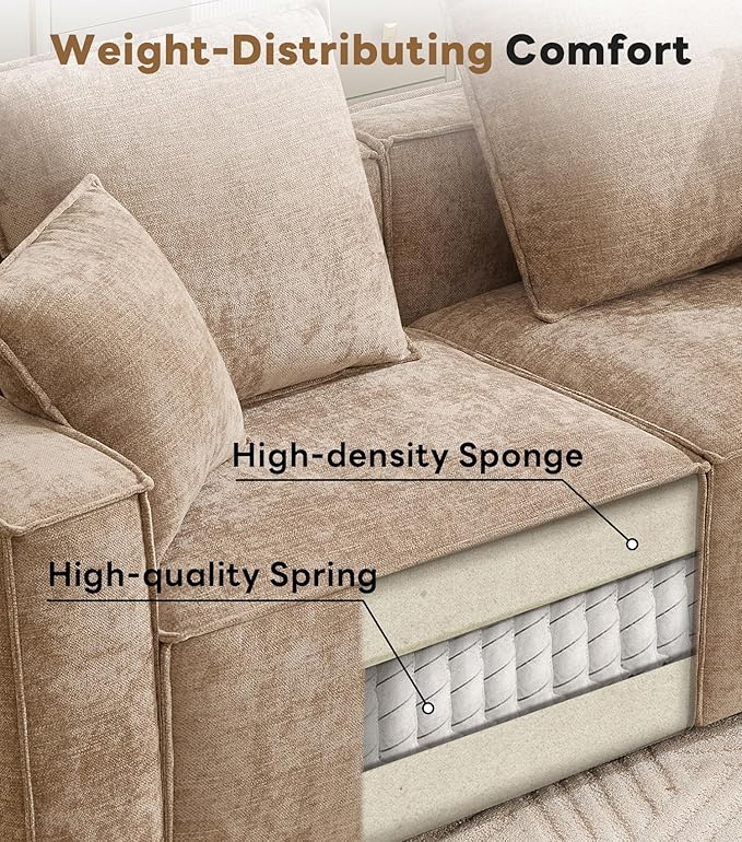 WILLOVE Modular Sectional Sofa Set, Chenille Cloud Couch with Wide Armrests & 8 Pillows, Deep Seat Couches for Living Room, 4-Seater Khaki