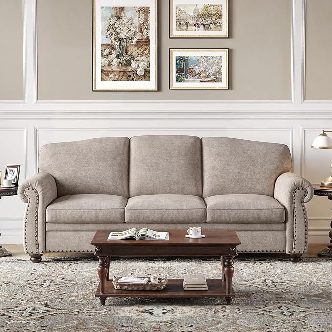 ONBRILL 90 Inch Nailhead Trim Couch for Living Room, 23 Inch Deep Seat Rolled Arm Sofa, Comfy Upholstered 3 Seater Chenille Couch w/Wooden Leg, Large Traditional Sofa for Farmhouse, Beige