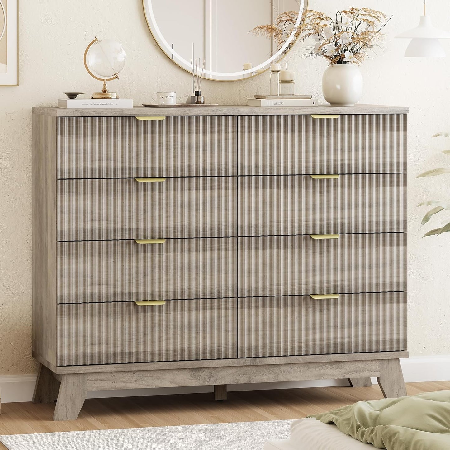 Fluted Dresser for Bedroom with 8 Drawers, 48" Wide Modern Chest of Drawers with Metal Handle, Wooden Dresser TV Stand, Wood Closet Clothes Storage Drawer Organizer for Living Room, Hallway, Grey