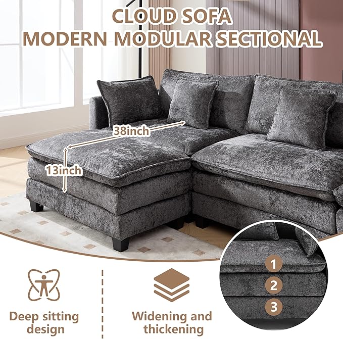 Plush Modular Cloud Sofa Set with Ottoman | L/U-Shaped Deep Seating Chenille Sectional for Family Living Room