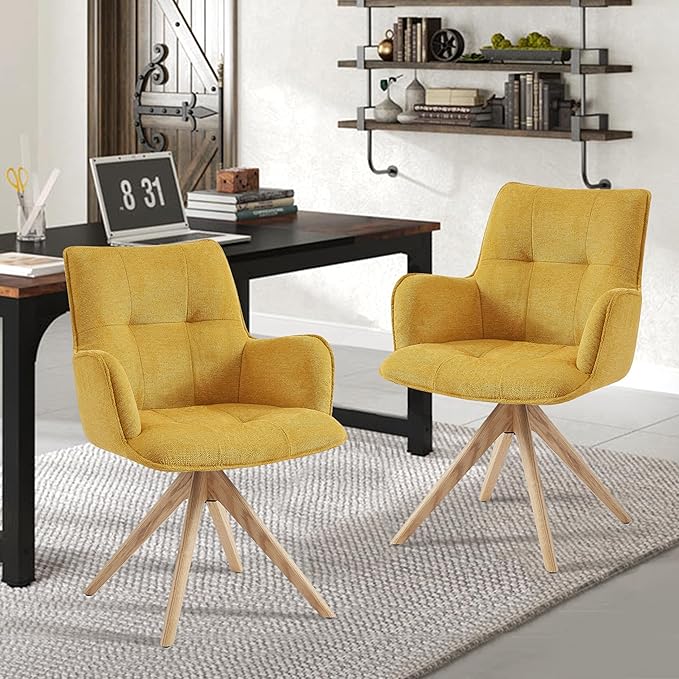 Art Leon Mid Century Modern Desk Chair - Fabric Upholstered Office Chair No Wheels, Swivel Armchair with Oak Wood Legs for Small Space Living Room Bedroom, Set of 2, Yellow
