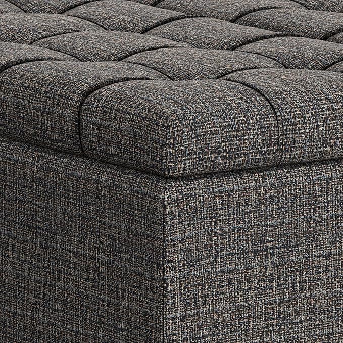 SIMPLIHOME Harrison 30 inch Wide Transitional Square Small Coffee Table Storage Ottoman in Ebony Tweed Polyester, Assembled, for The Living Room and Bedroom