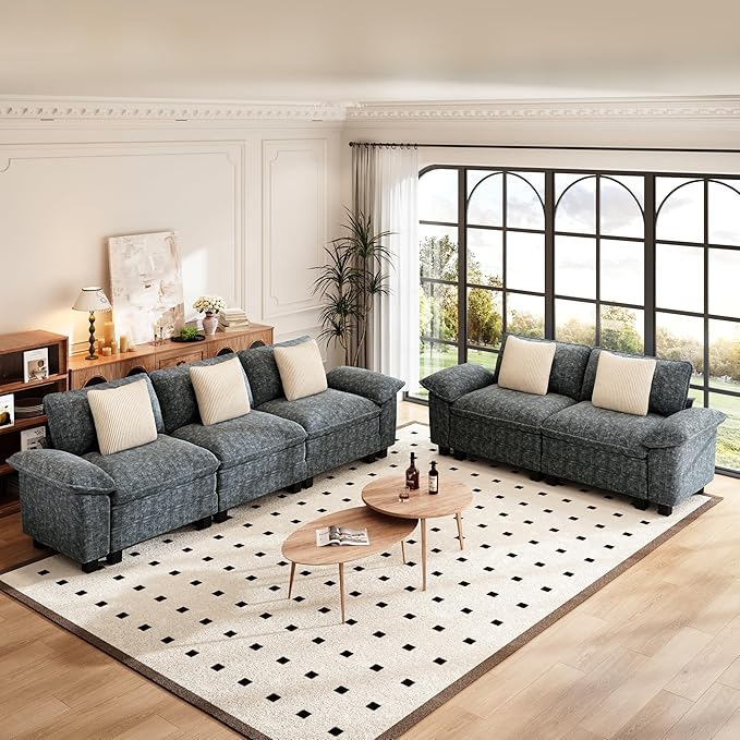PHI VILLA Cloud Modular Couches Sets, 2 Pieces Comfy Sectional Sofa Set with Loveseat, 5-Seater Upholstered Couch for Living Room, Chenille Fabric, Dark Cyan