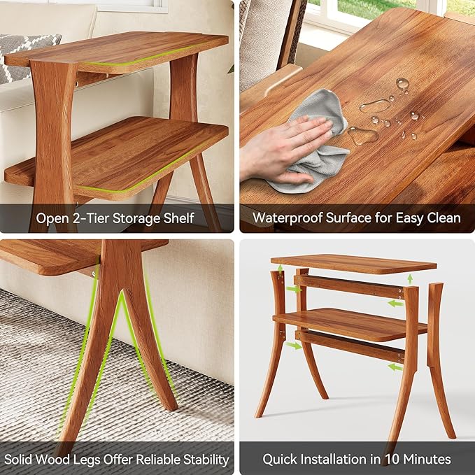 LITTLE TREE Narrow Side Table Set of 2, Small Side Table, 2-Tier Farmhouse End Table with Solid Wood Legs, Space-Saver for Living Room, Bedroom, Entryway (Walnut)