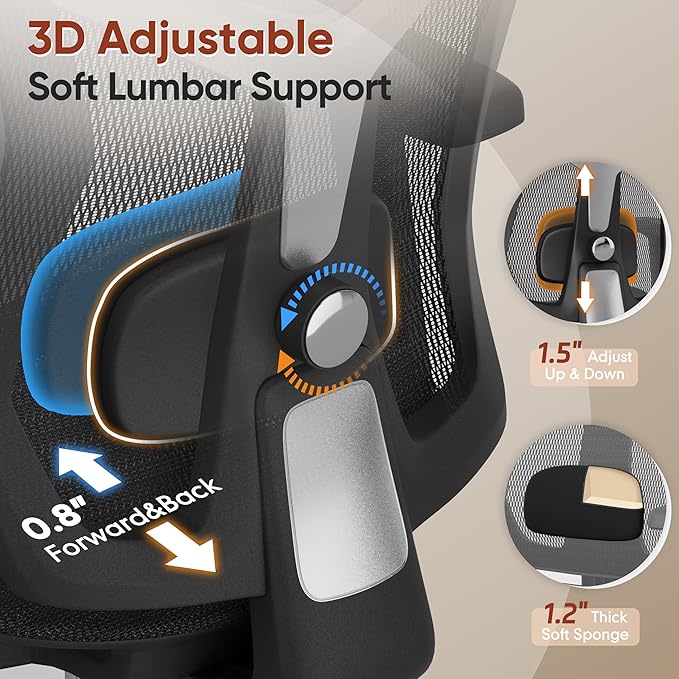 Ergonomic Office Chair with Foot Rest, Home Mesh Desk Chair with Adjustable Lumbar Support, 3D Armrest, 3D Headrest, 90°-135° Lockable Reclining Function, Comfy High Back Swivel Computer Gaming Chairs